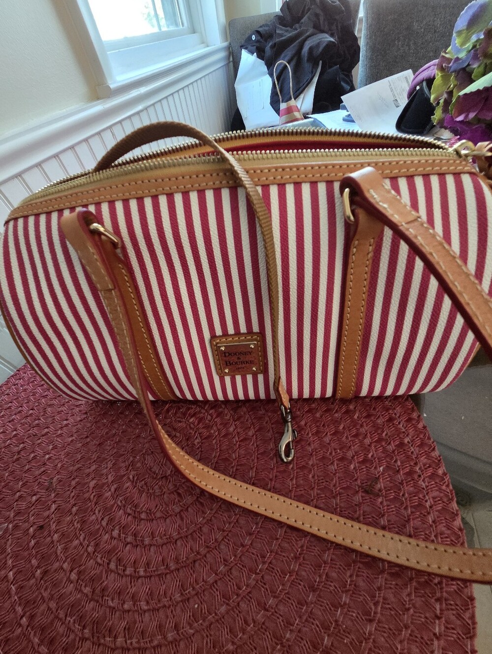 Dooney & Bourke Pink and White Striped Crossbody with Tan Leather Trim NWOT